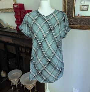 J.Jill Top Women's Medium Aqua Green Plaid Short Sleeve Woven Blouse Button Back